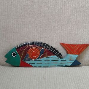 Mexican Folk Art Hand Painted Hand Carved Wooden Fish Artist Signed Shelf Sitter